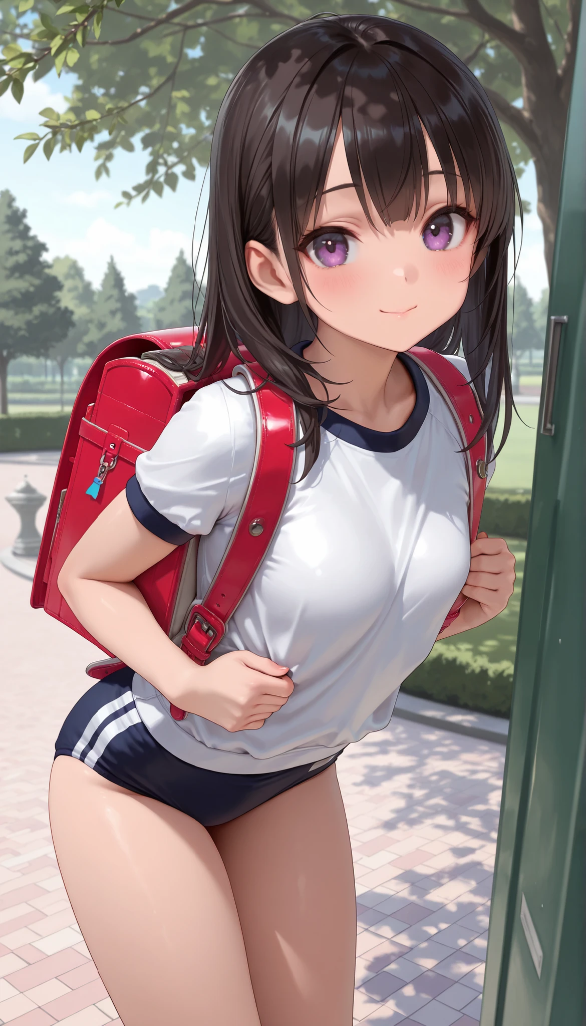 (masterpiece:1.2), 8k Resolution, high resolution, (1 cute girl), wearing navy buruma and short sleeve (white gym uniform with colored hem:1.0) and carrying (randoseru backpack:1.5), from front, beautiful girl leaning forward, Beautiful skin, Radiant Skin, Park Background,