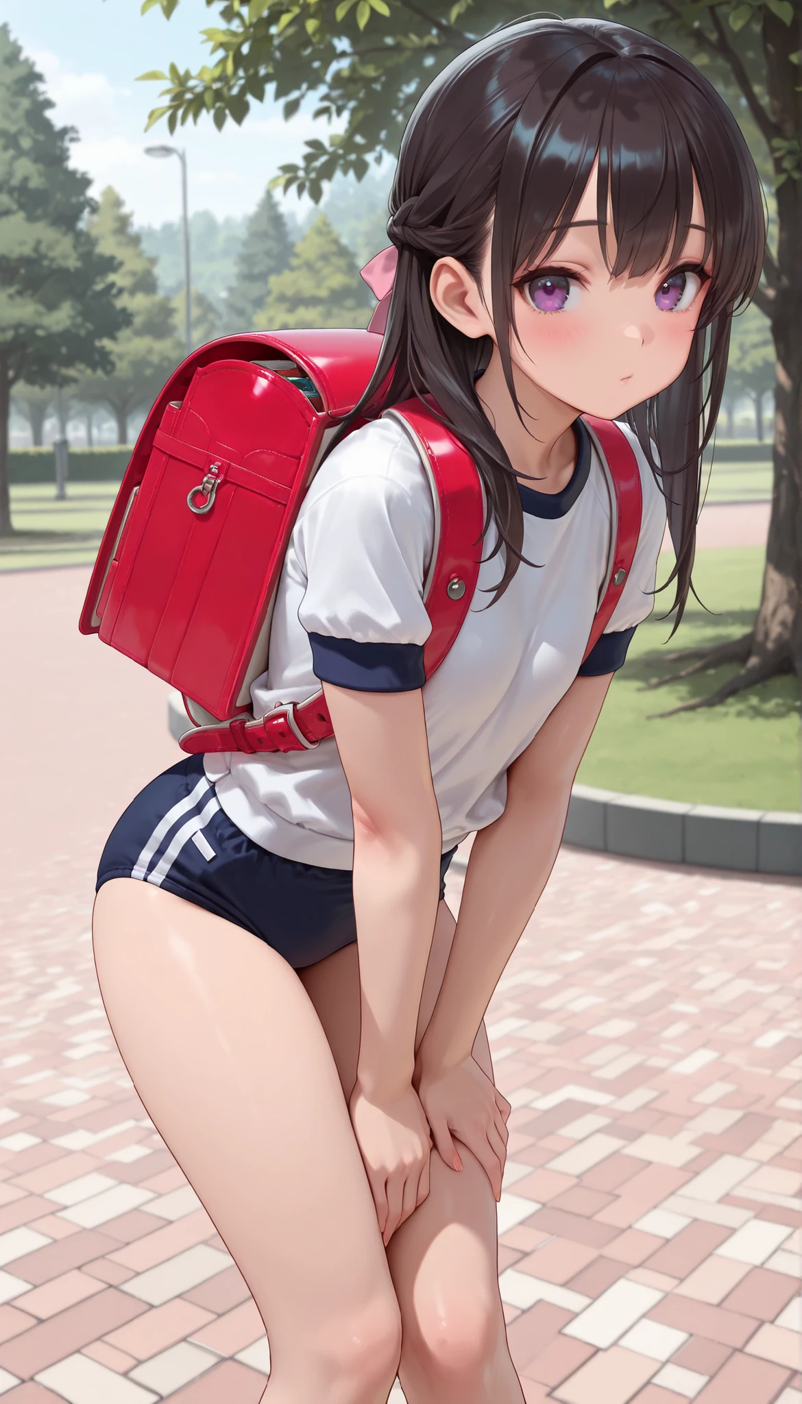 (masterpiece:1.2), 8k Resolution, high resolution, (1 cute girl), wearing navy buruma and short sleeve (white gym uniform with colored hem:1.0) and carrying (randoseru backpack:1.5), from front, beautiful girl leaning forward, Beautiful skin, Radiant Skin, Park Background,