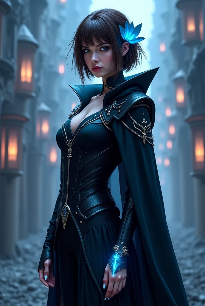 stunning girlfriend, heart shaped face, elegant face, beautiful face, highly detailed face, highly detailed skin, skin pores, subsurface scattering, realistic pupils, full lips, detailed background, depth of field, atmospheric perspective, volumetric lighting, sharp focus, absurdres, realistic proportions, good anatomy, (realistic, hyperrealistic:1.4), 16k hdr, cinderfall2023, best quality, masterpiece, 1girl, anime style, glowing eye, standing, black suit, belts, blue feather diamond, eyepatch, flame, night, stars, moonlight, standing, in entrance to cave, underground lake, rocks, crowd
