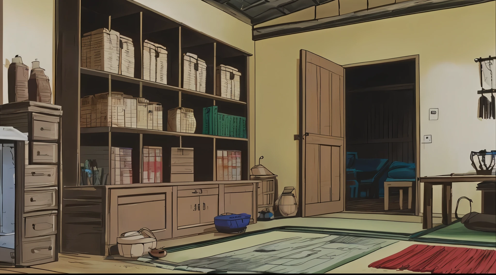 (Drawn in 80’s anime art style.
Retro anime. Vintage Anime. Classical Anime.
Location: Sango’s Family Hut (Warrior Residence)
• Purpose: The living quarters and planning space for Sango and her family.
• Design & Details: Traditional wooden hut with low tables, weapon racks, and tatami mats. Shelves of herbs, maps, and demon artifacts are carefully stored.
• Ambience: Warm and humble, with a sense of organized purpose.
• Emotional Tone: Familiar and intimate, carrying echoes of familial love, duty, and later, profound loss.