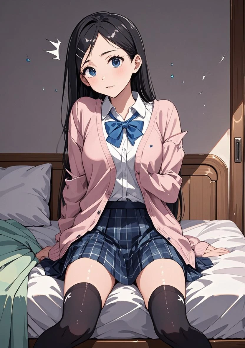 (1 girl), black hair、Focus on the entire screen、high school girl、長いblack hair, big lips, anime, beautiful lips,, ((highest quality)), on the bed、soft shading, High resolution, sexy pov, big lips, big lips,x ornament, ornament, duck face, Lip Focus, glossy lips、sweaty、Topless、skirt、Red face in heat、blush、Ahegao、Baby-faced female student、smile、Two unique Loose socks、Chick sitting、Sit down and show the back of your feet、school bag、shout