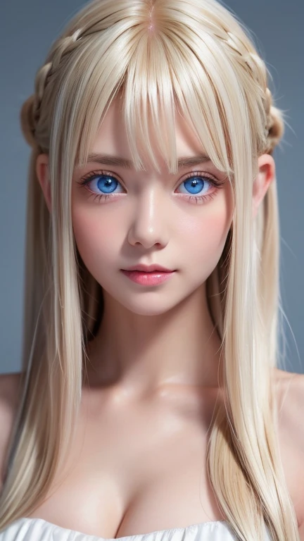 Completely naked、White background,Upper body close-up、 Glossy, firm and shiny skin, Bangs between the eyes, Beautiful luster, Platinum Blonde Hair, Twin tails, eyeliner, A very beautiful and innocent 15-year-old girl, High resolution big beautiful light blue eyes, Beautiful and lovely girl, ((beautiful girl、Ultra-high resolution、The lighting is bright、Precise needles without discomfort))、Small Face Beauty、Very white and beautiful young々Fresh skin、Round face、Nipples、White background