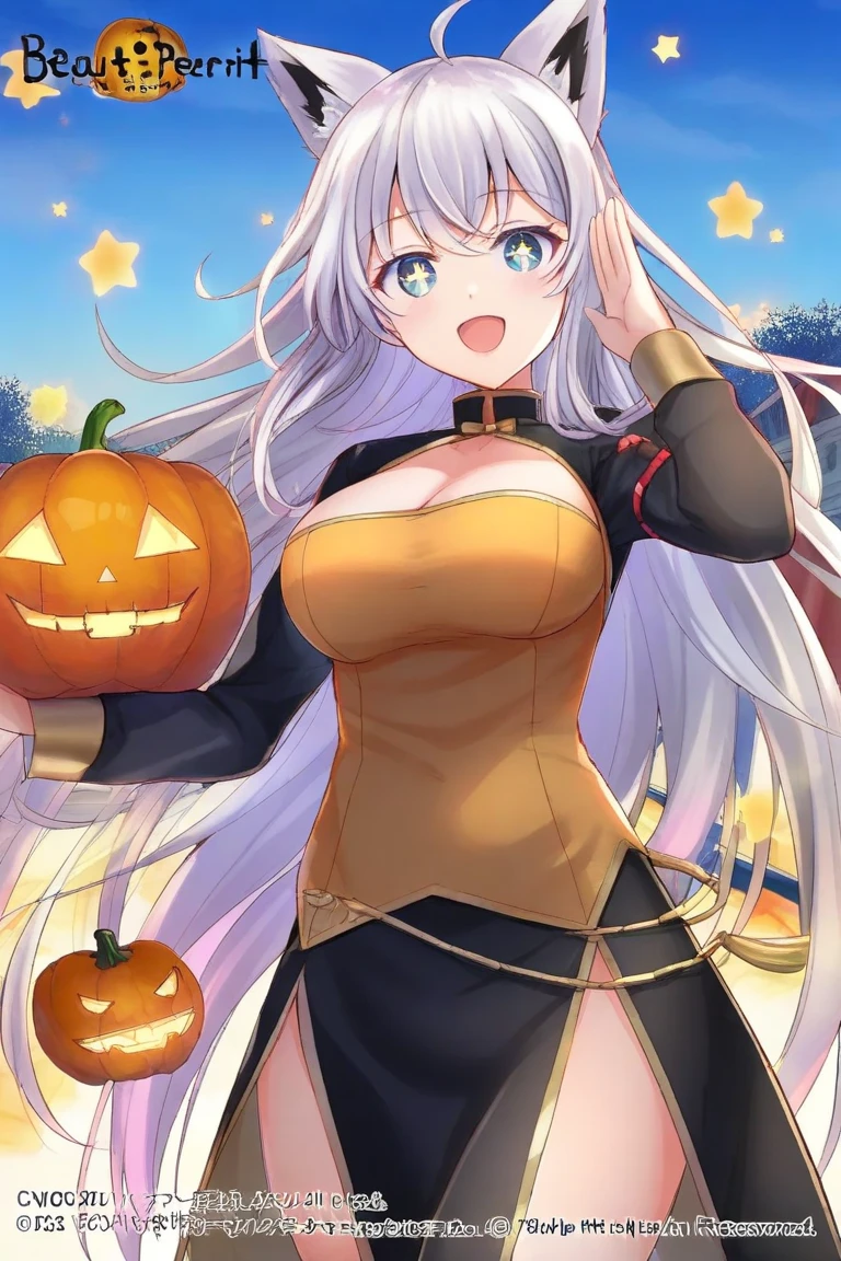 masterpiece, high-end, High resolution, Single person, blonde, medium hair, asymmetrical hair, floating hair, Eyebrow, high ponytail, side lock, headdress, fish headdress, tassel, kanzasi, bangs, orange eyes, open your mouth, smile, teeth, upper teeth only, choker, red choker, pendant choker, butterfly choker, clavicle, tattoo, chest tattoo, flower tattoo, sternum, middle chest, thigh, bandage, leg bandage, Sarashi, budget Sarashi,  chest Sarashi, Black belt, Hadanugi Dosa, Hokisei, kimono, kimono, ginchaku, sash, Obiage, Obi tightening, orange kimono, Pouch, printed kimono, rope, Waistband, shimenawa, short kimono, one bare shoulder, he (genshin impact), east asian architecture, cherry blossoms, whole body, squat, 線香firework, night, firework, collection of legs, feet, One glove, fingerless gloves, Wristband, black socks,