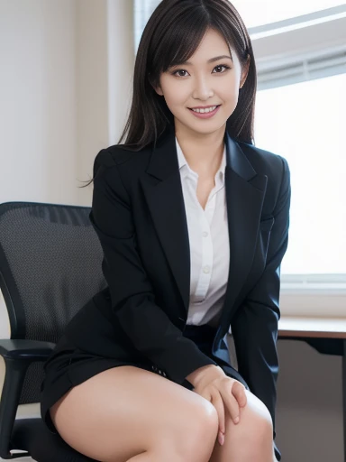 (Only one person), Pure Japanese office lady, wearing formal business suits, pantyhose, high heels, formal makeup and lips, thick eyebrows, formal hair styles, sweet smile, sitting in nobody’s Sunday office, summer, sexual attractive, professional photography, 