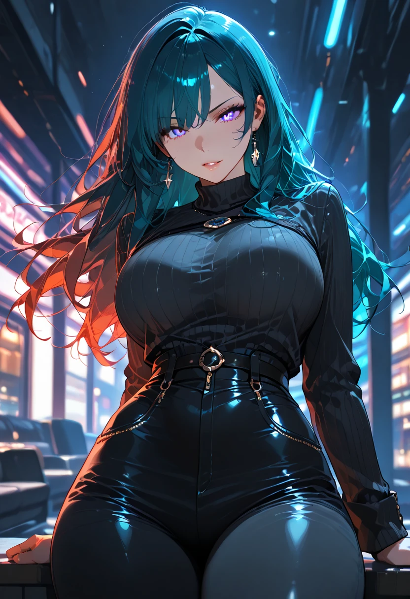 ((masterpiece, best quality)), very aesthetic, ultra detailed, intricate details, highly detailed, UHD, HDR, 8K, perfect face, 1girl, in city, at night, gothic shirt, gothic pants, black lips, long hair, blue hair, pink eyes, big breasts, perfect body, (newest anime art style)