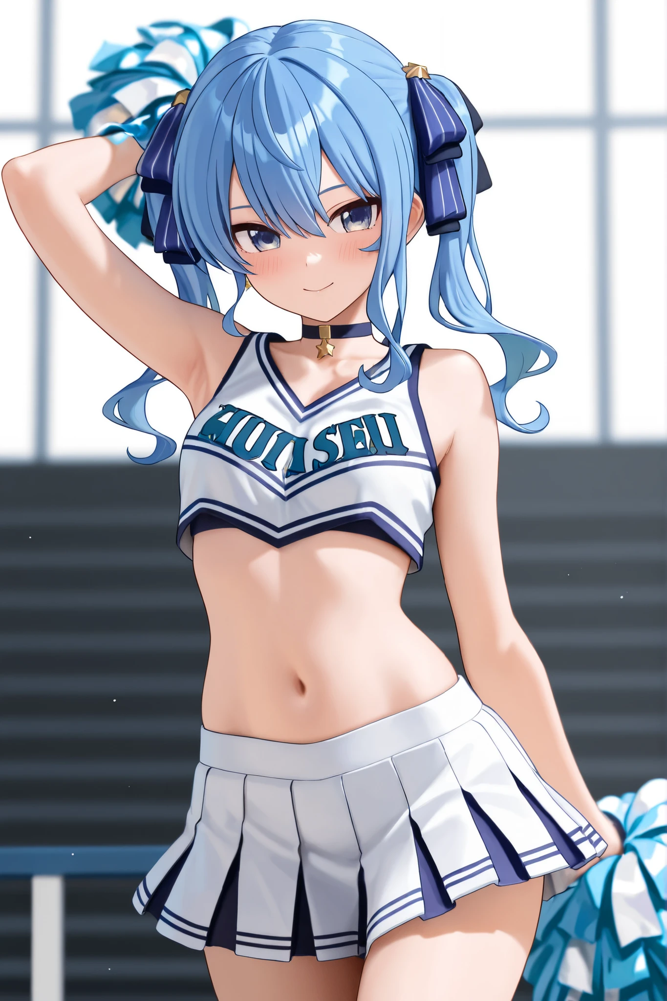 Blue Hair,blue eyes,Cat ears,girl,Girl,Small breasts,Long Hair,straight,Lolita,Small breasts,Bright smile,Looks like 13 years old,Petan Musume,short,目のhighlight,Sexy thighs,Wearing a cheerleader outfit,Please show me your armpits,Your eyes are so beautiful,highlight,とても美しいhighlight