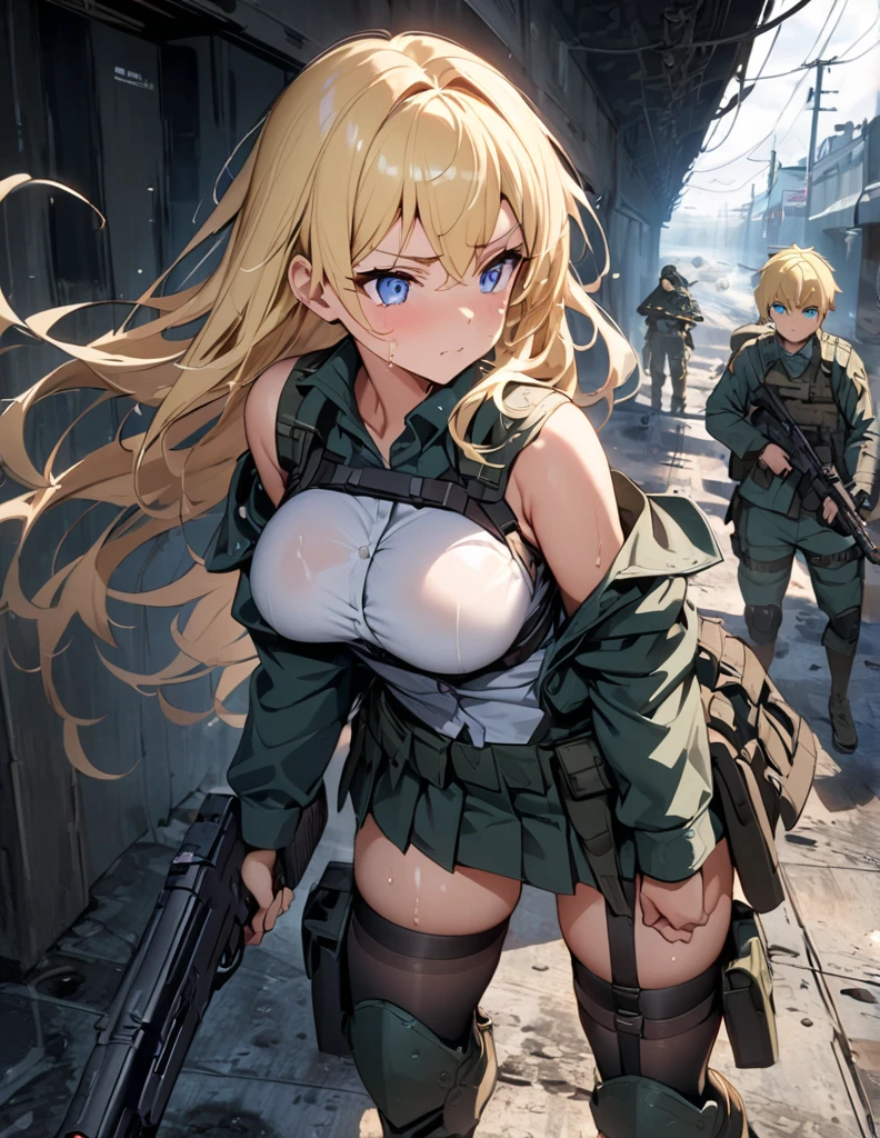 13 year old blonde female soldier、The woman is glaring at the viewer、crowd、uniform、Dirty white underwear、Suspended、Among the Enemy、Standing、Outdoor、Pee on yourself、pubic hair、peace sign