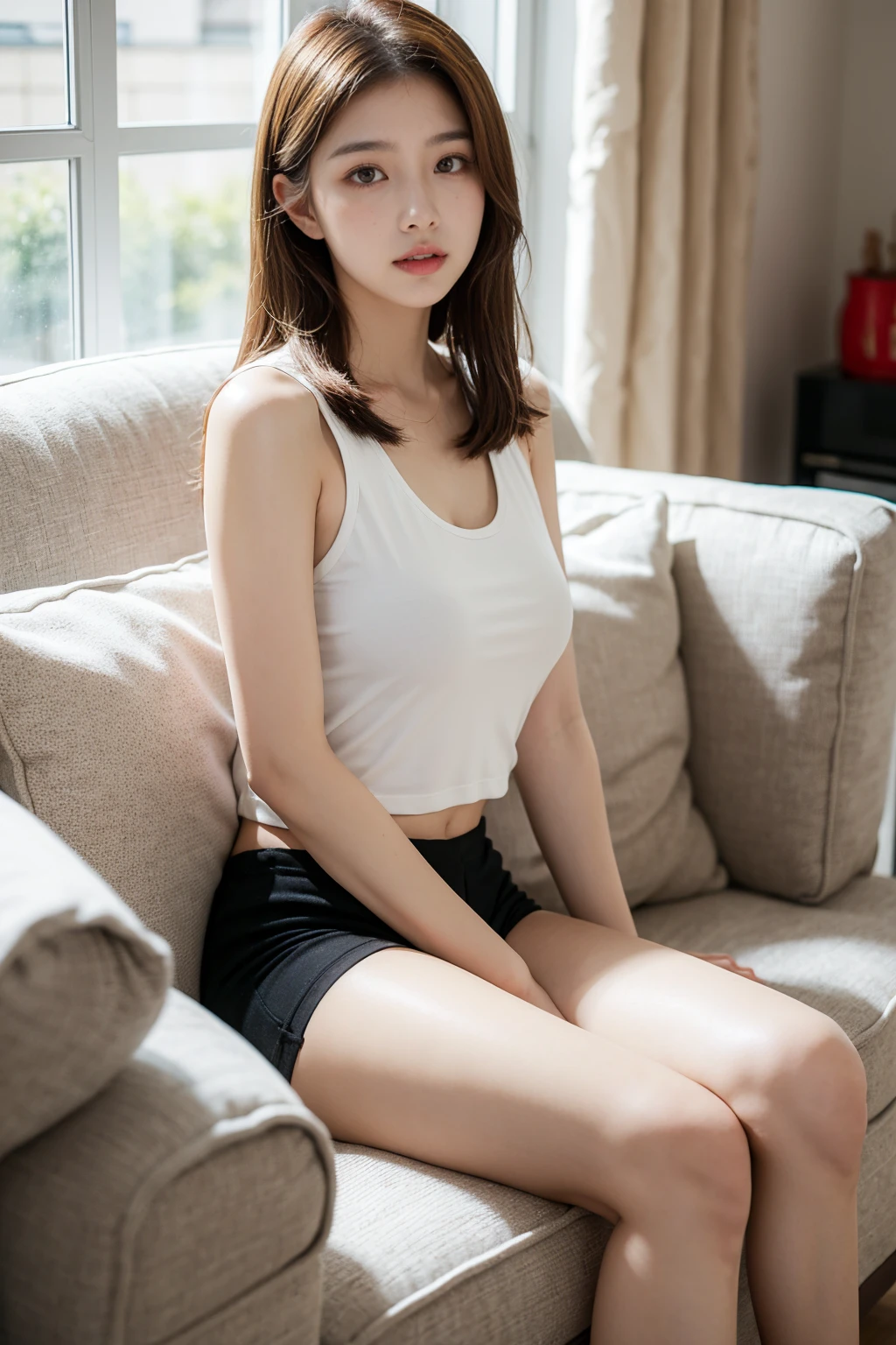 ((top-quality、8K、masterpiece: 1.erfect Body Beauty: 1.4、Slender Abs: 1.2、Beautiful woman with slender abs:1.3、(Highlight Haircutreast B Cup:1.2), medium breast, round shape breast, perfect shape breast, ((white underwear))) ((( black skirt and wide neck t-shirt ))),(((sitting on chair, a bit open legs, panties, bra straps)) necklace, hyperdetailed face、18year old、 Pretty women、(Dark brown short-cut hair), Slim Face、Highly detailed facial and skin texture、very detailed lips、opens legs、top-quality、masterpiece、超A high resolution、(Photorealsitic:1.4), long shot , (in park with blur background), bright background, sunset light,
