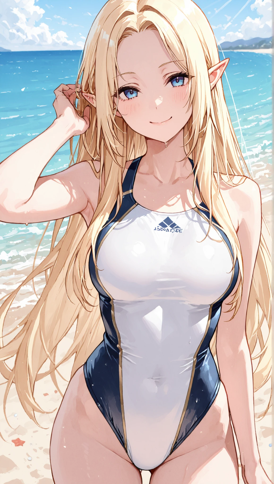 woman,whole body,smile,Front view, Glowing logo crop top, Blue leggings, Thigh Gap, Beach