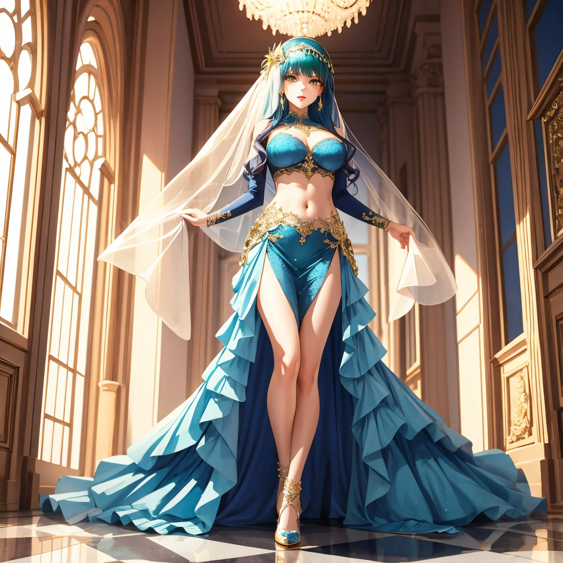 masterpiece, best quality, ultra-detailed, 
1girl,rem,re zero, dark blue hair, Short hair, 
Cleopatra's Enchantment
Egyptian Gown,A floor-length
form-fitting gown made ofluxurious
fabrics like silk or satin, with a daring high
slit to accentuate the legs
Add a sheer, gold-draped cape that flows
behind, exuding regal allure reminiscent
of Cleopatra
Enhance the look with an embellished
gold collar necklace and an ornate
headpiece, reflecting the opulence of
Egyptian royalty
Complete the ensemble with strappy
gold sandals that complement the overall
seductive style