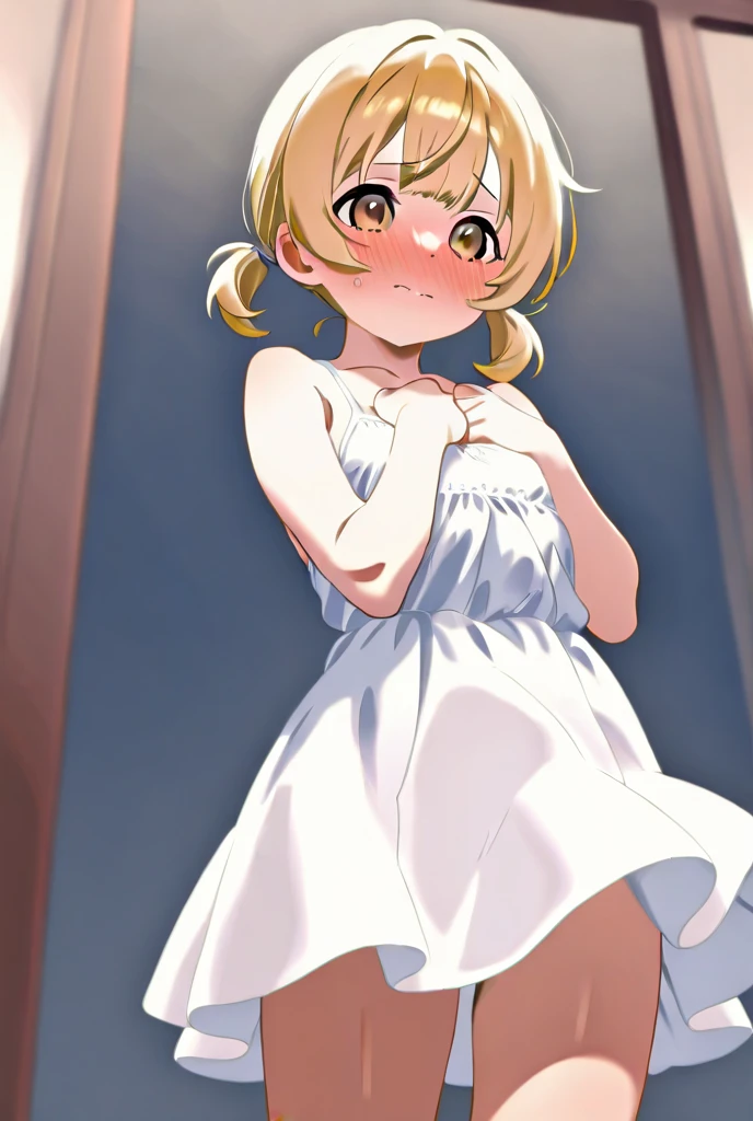 ((masterpiece))((Highest quality))girl、smile、blush、Flat Chest、Are thin、Blonde Hair、blush、Are standing、Whole body image、Even your toes are visible、Eye level on face、front、No background、真frontのアングル、Clothes full of frills、Twin tails、High angle、Fisheye Lens