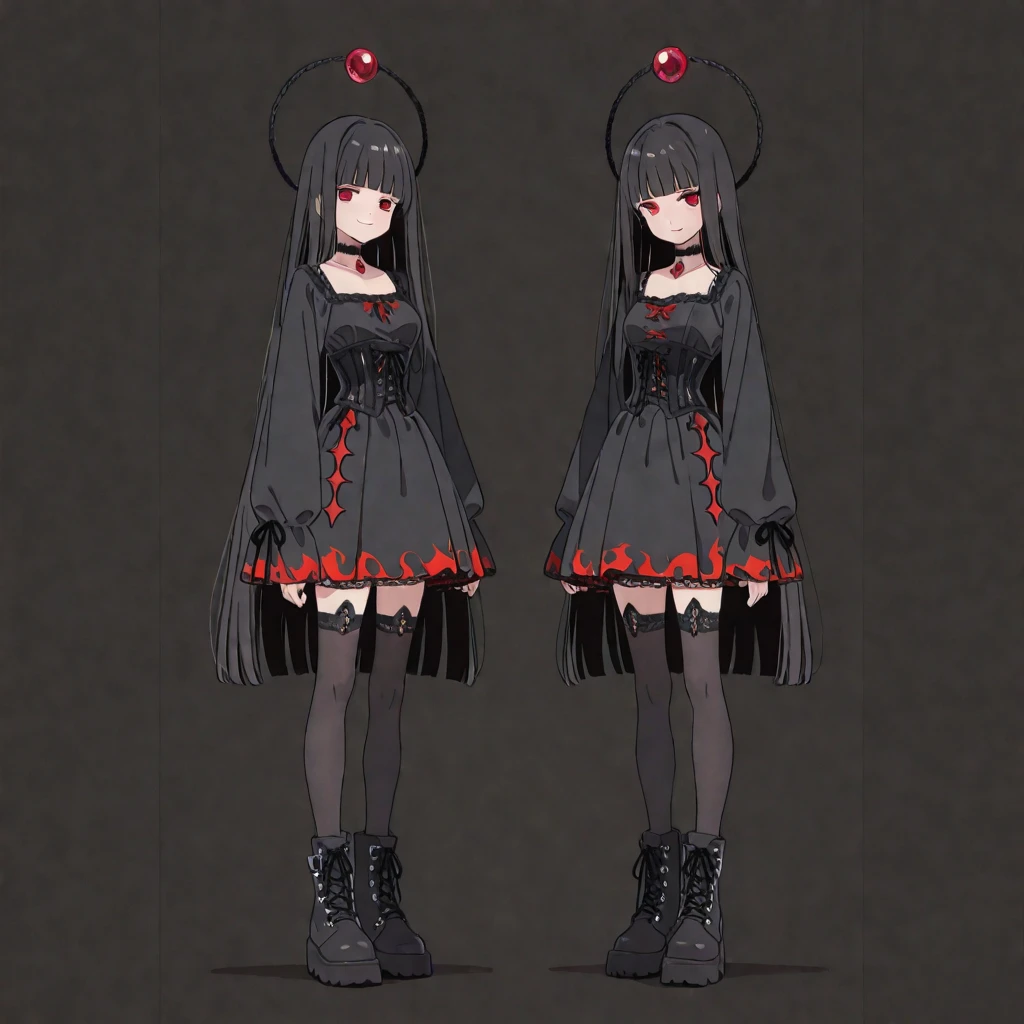 (masutepiece, Best Quality), Chara Sheet,Design drawings,three sided view, Small curved loli,Art Book,simple background,Cute!! Chibi!!!,closes mouth,Smile,casual goth loli,A dark-haired,skull