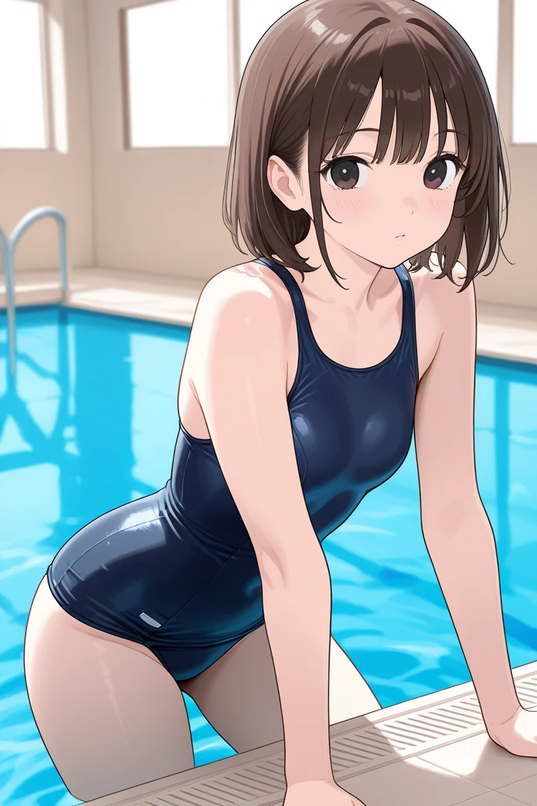 ceiling, sit astride, girl on top,
((school swimsuit)), Highly detailed glossy skin, Dark blue one-piece swimsuit, (Swimsuit with wet and shiny details: 1.2),
very long twin tails, brown hair,
evil grin, Crab crotch, Extensive_feet,