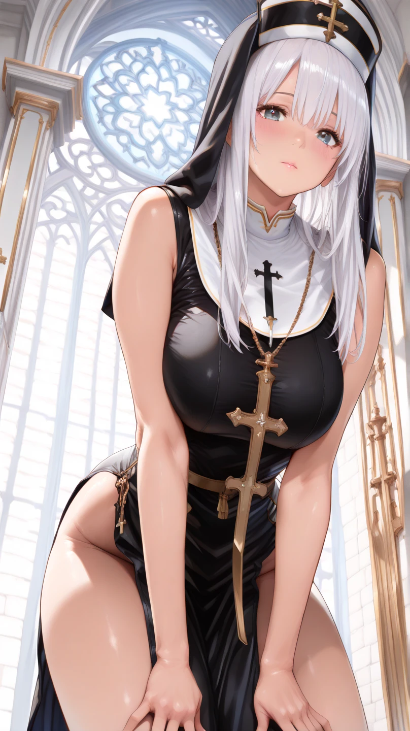 NSFW,Hololive,Shihaku Botan,lion ears,lion's tail,Black Wedding Dresses,mini skirt,garter belt,wedding gloves,shy smile,sit on a chair and open your legs,attacked by a priest,Church at night with moonlight shining in