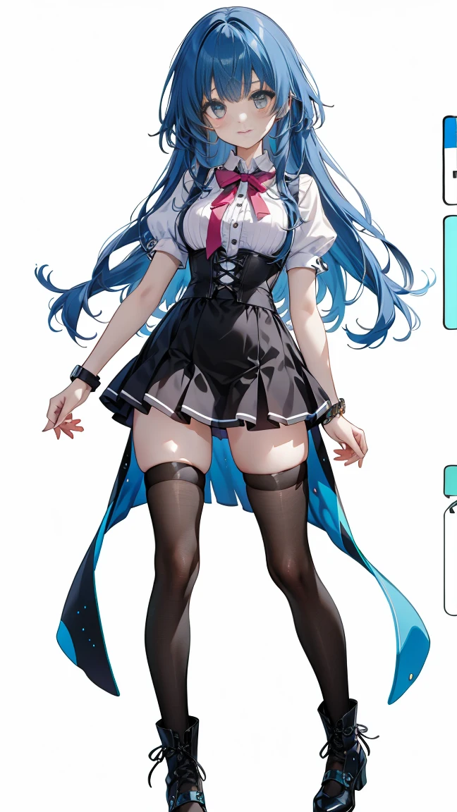 ((Beautiful Beautiful Girl)),yellow big eyes, 1 and slender woman, degree々big breasts, ((light Blue color hair)),((Half long twin tail Hair)),In 8K, top quality, (highly detailed head: 1.0), (very detailed face: 1.0), (highly detailed hair: 1.0),((Black exhibitionist miniskirt fishnet tights costume)), (black side-open skirt),Detailed official artwork, clean detailed anime art,((A cheeky young lady face)),((Doll joints)),(eyes under mole)