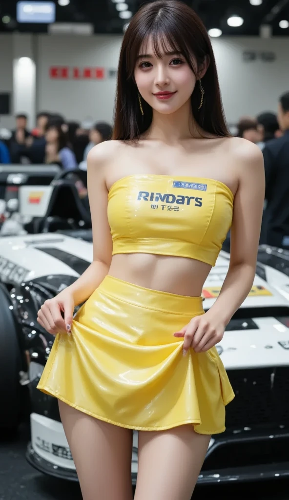 ulzzang-6500-v1.1, (RAW Photos:1.2), (Photorealistic), (Genuine:1.4), 1With a girl、Very cute girl、16 years old、Race_Queen、Charming smile、Ocean Blue Eyes(Eye details), A shy smile、Various off-shoulder leotards:1.3)、High heels, (Ultra-realistic pantyhose:1.3), Curly Hair、Realistic skin texture、Shiny skin、Bare thighs!!! , Makeup、eye shadow、