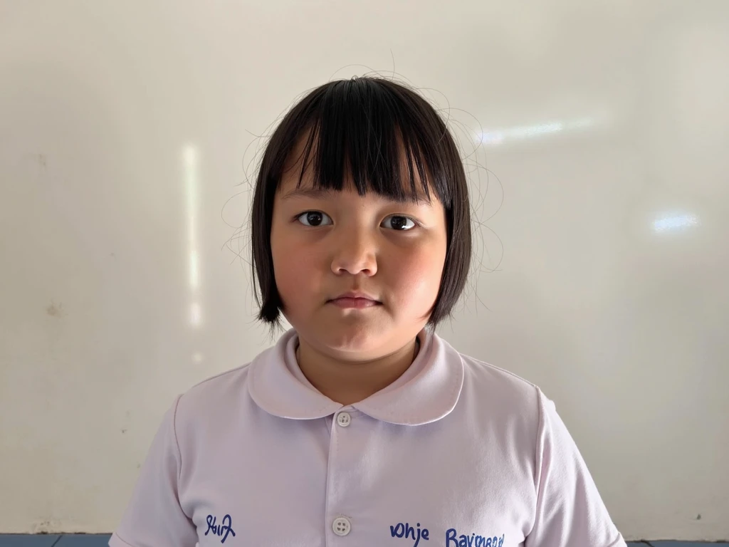 a close up of a Little girl wearing a white shirt, full portrait, Little girl, passport photo, photo of the girl, portrait frontal de una Little girl, portrait de linda chica, cute , Nivanh Chanthara, portrait, , I had a photo, portrait, portrait de una linda chica, close up portrait