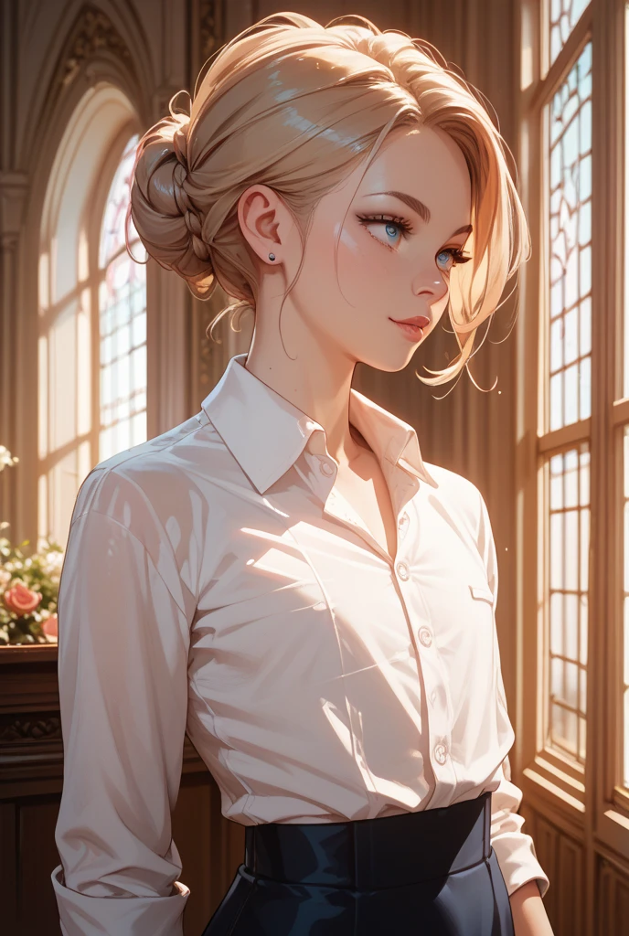 (best quality), 1girl, female, porcelain skin, blonde hair, straight hair, medium hair, elegant up-do, swoopy tips, Flipped-up ends, brown eyes, perfect eyes, slender, cute clothes, small bust, shy, masterpiece, anatomically correct, highres
