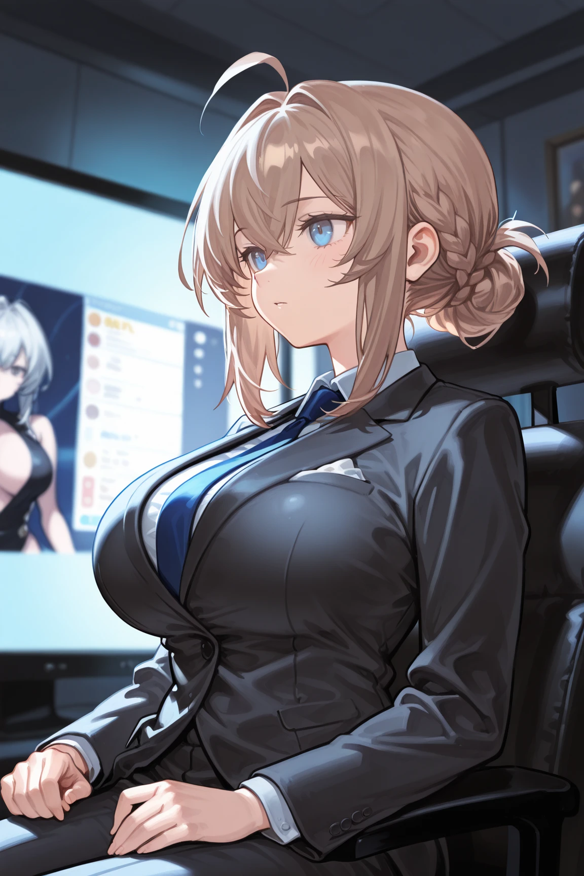 High resolution, 2D anime style,blue eyes beautiful eyes,high and beautiful nose,Skinny face,boyish blonde short hair,Short up-hair,cool woman,beautiful clock,Chest is slightly larger,she looks very happy,biting one&#39;s lips, she was very angry, she narrows her eyes,Fashion that shows cleavage, Wearing an unbuttoned white shirt,leather red pants,Wearing a long black coat, Formal fashion,wear a coat,Sitting in an office chair,company office
