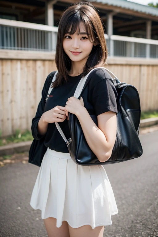 High school girl standing on the school stairs,short sleeve white shirt,Very short red plaid miniskirt:1.2,18-year-old,bangs,a little smile,thighs,knees,from below,random pose,pretty girl,slender girl,white panties,Short-cut blonde,short side waves,carrying a black backpack、buttocks are exposed a lot、buttocks half exposed、
