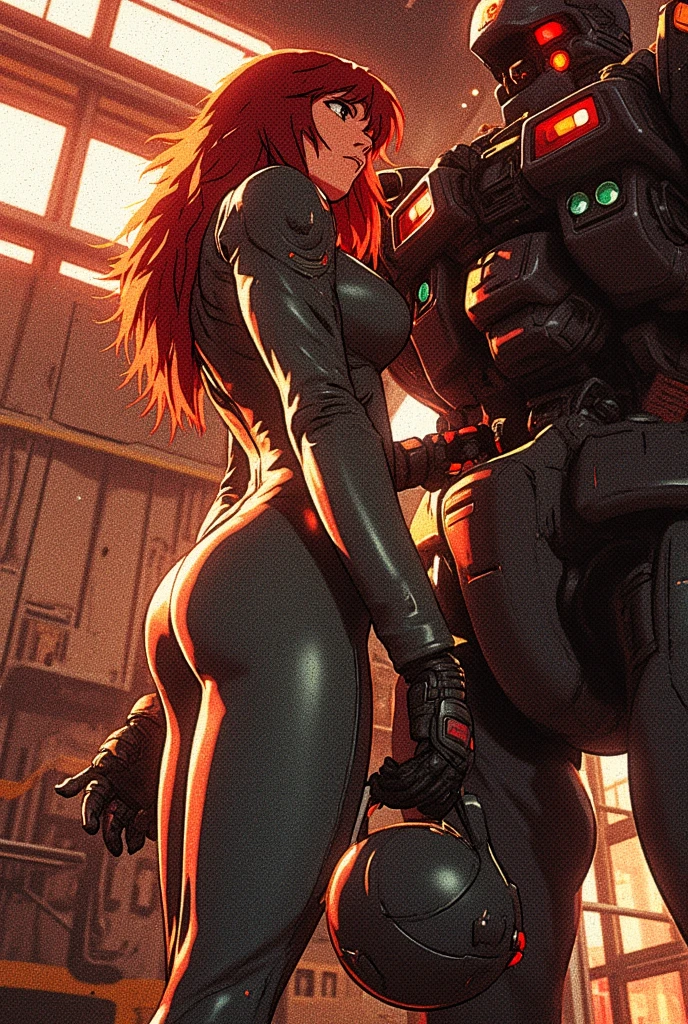 1girl, sexy, white skin, anime woman, happy, glowing green eyes, extremely short glowing orange hair, wearing a suit, big butt, full body