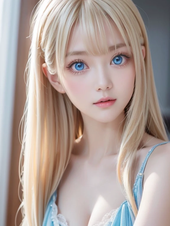 a with blond hair, blue eyes and white skin wearing a pink dress