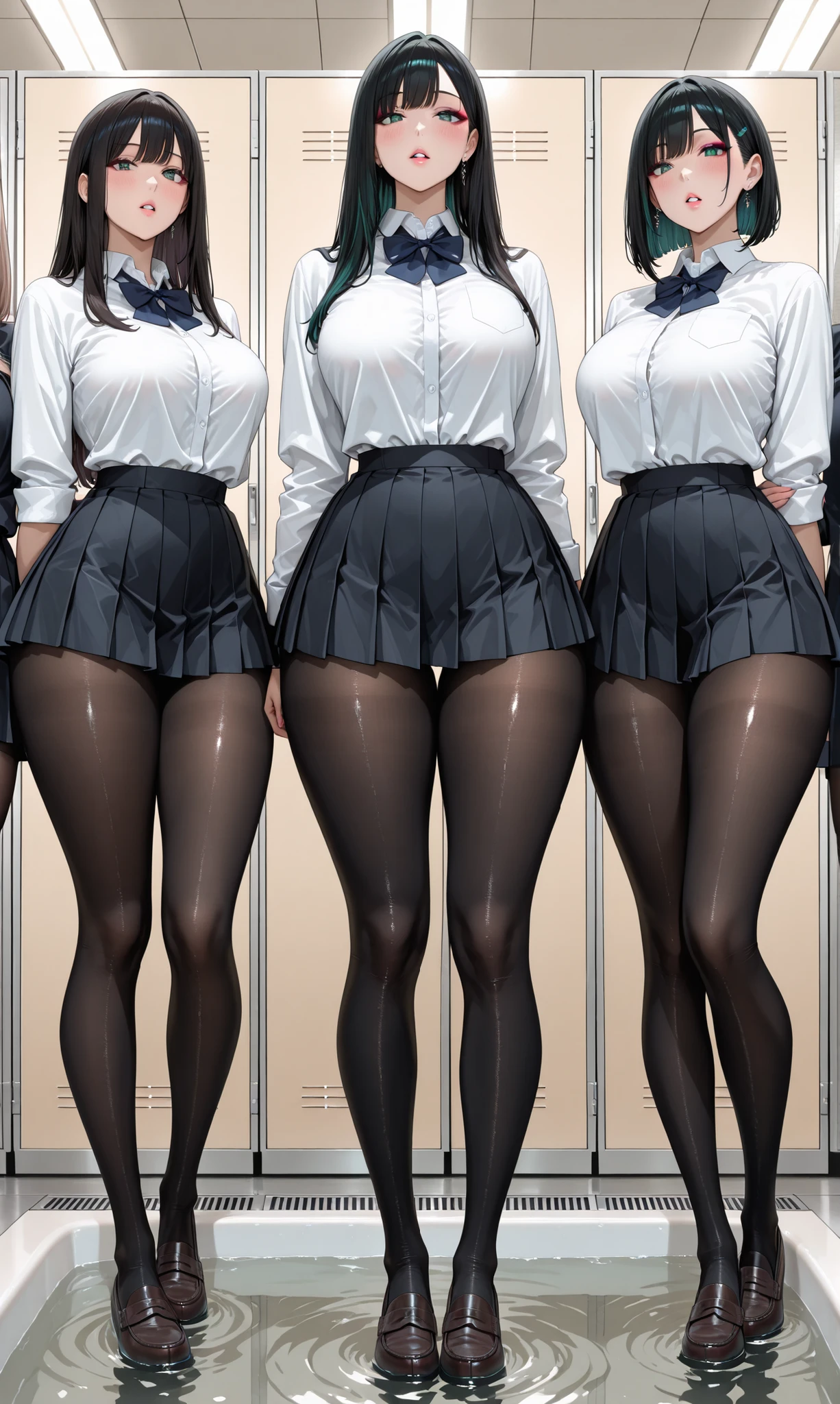 masterpiece, high quality, Three female college students,  different hairstyles, College Pleated Miniskirt Uniform, various bust sizes, viewers wash their bodies in shallow water, lined up in a row in the studio, Bright indoors, Blush, Glossy Black Tights_wide thighs_long legs, parted lips, makeup, accessories, dynamic pose, (I can see all 3 girls), A girl with a super cute face_Glossy Black Tights, erotic girl, wide thighs_long legs黒いタイツ, Thin Ankle in Black Tights, Loafers,
