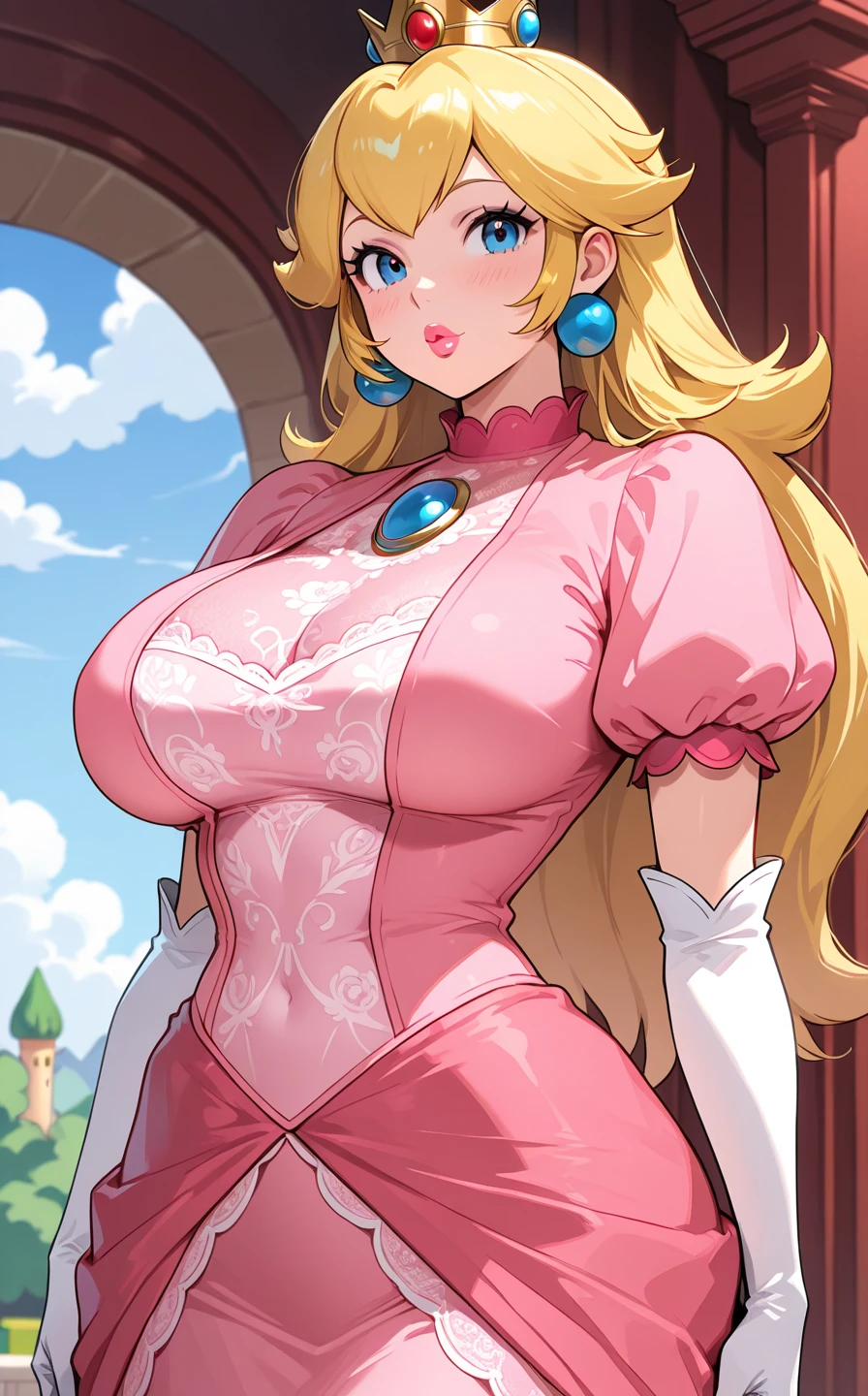 Princess Peach, big breasts, deep cleavage, dress  slit on one side, castle balcony,  no nsfw, garter belt and stockings, view from below