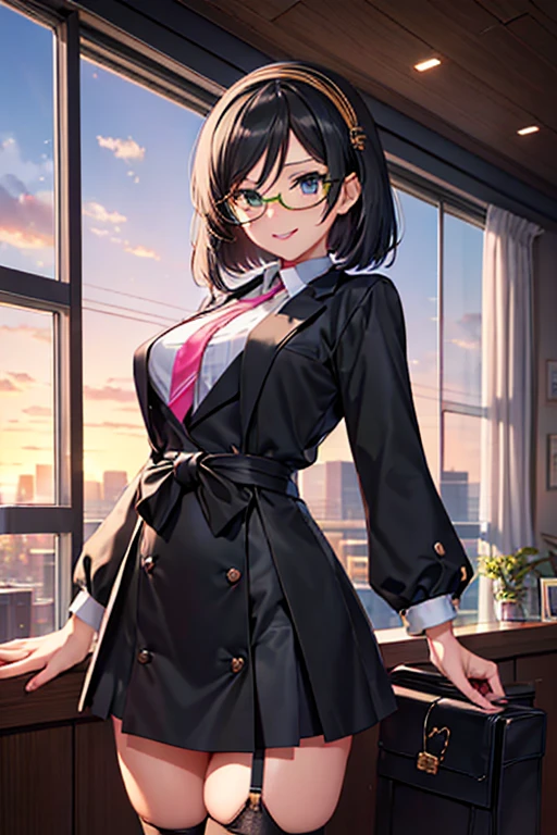 One woman, 2、Men around、Glasses、Black Hair、Big Breasts、Medium Hair、Navy blue business suit、Face Focus, Best, bow, Highest quality, Detailed face, office, Detailed Background, night、Ginza City、Neon Sparkle、Depth of Field, Bokeh、smile、I like sex、Reception、crowd、Being drunk、