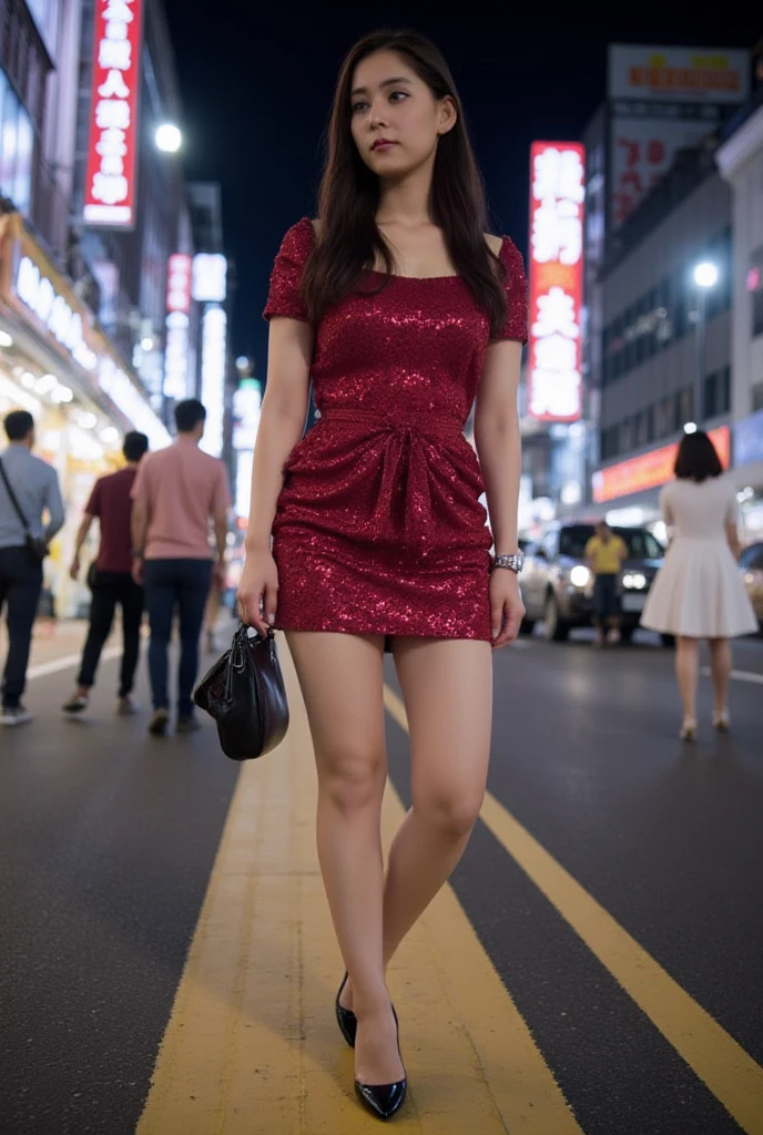 a girl wearing red Bodycon Dress,looks happy,night time,new york airport,only a backpack,clear hands,hdr,photography,hyper realistic
