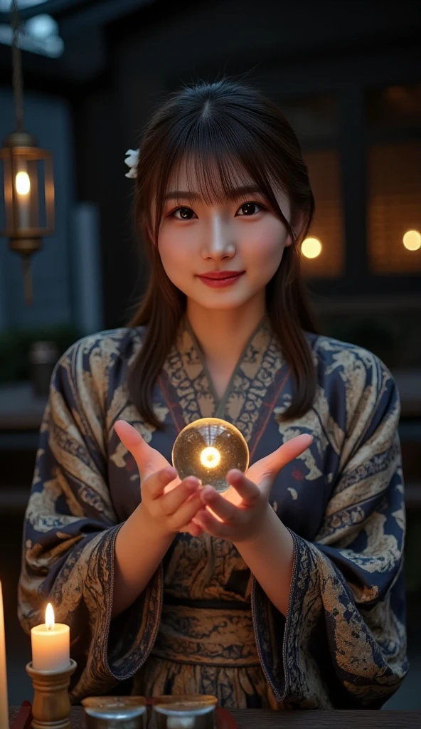 Asian-style female fortune teller in her 20s、mystical atmosphere、Wearing a robe 、holding a crystal ball in her hand、dark room illuminated by moonlight、candlelight is swaying around、Her eyes are shining faintly、she has a slight aura coming out of her hands、beautiful face、delicate and luxurious details、(Super Real:1.4)、8K、Highest image quality、Artistic Composition、masterpiece、Perfect Lighting and Shading、Fantastic and Fascinating Atmosphere、professional artwork、cinematic