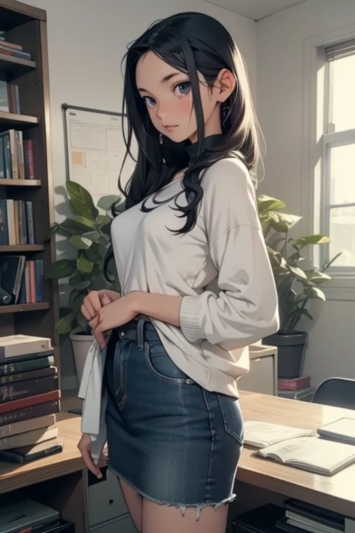 1girl, long brunette hair, brown eyes, white off-shoulder sweater, black spendex waist leggings, standing in a library, pretty, hot, absurdres, high res, ultrasharp, 8K, masterpiece, looking at viewer from behind