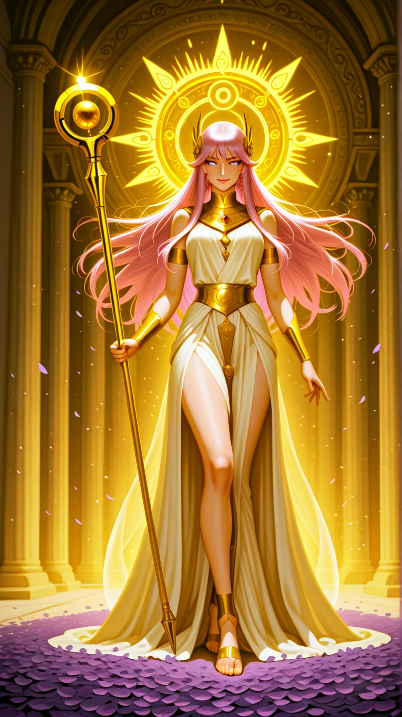 Sun woman, pride,Sun shining bright, gold throne, greates throne, so very large, HD lighting and dark )<=(epic image quality)dark atmosphere with bright particle light(many effects in background)