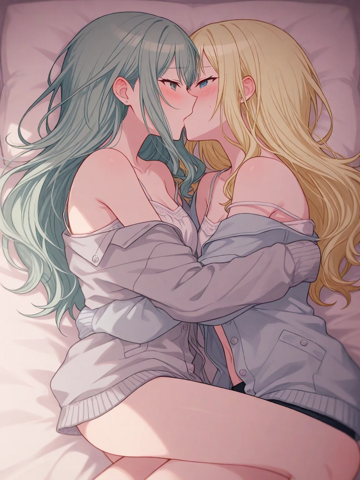(((2girls)))、(((Elven Woman))、((((lily))))、((((couple))))、(((Elf woman with blonde long straight hair and green eyes)))、(Large breasts)、((((Two loving elf women in black miniskirt and white school uniform sleep together on bed in room hug and kiss on cheek))))、upper half body
