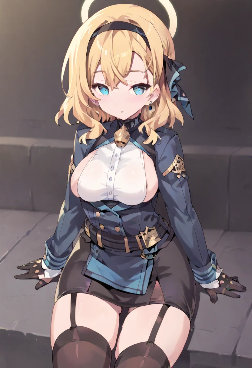 blonde hair, black uniform, blue eyes, gigantic breasts, cleavage, bare legs, ultra-detailed(best quality,highres:1.2), ultra-detailed eyes, smiling