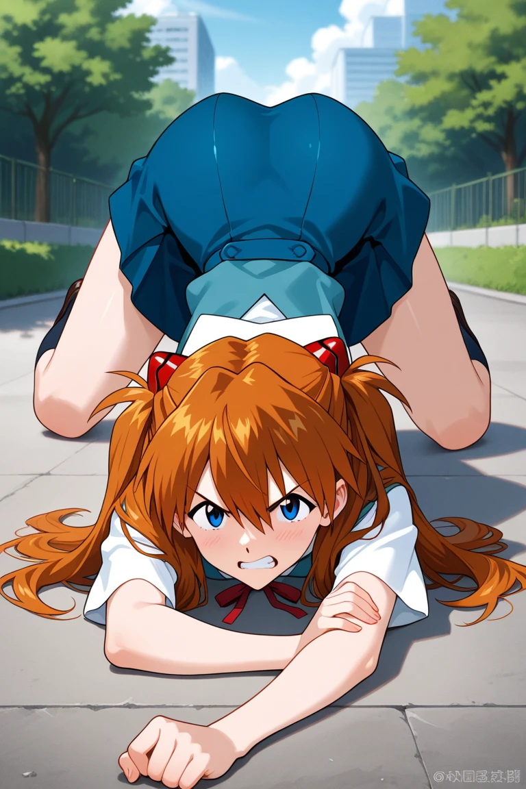 1girl, blue school outfit, printed panties, hanging up, surprised, green eyes, brown hair, forest background, (bitten by grey wolf)