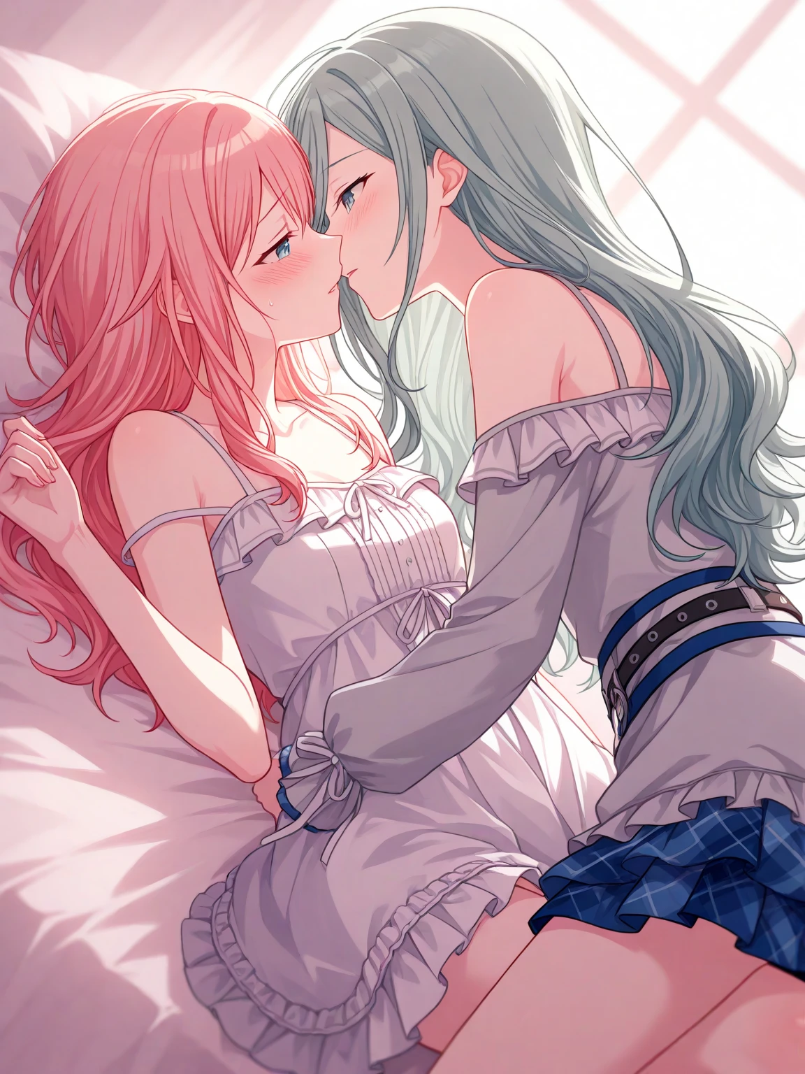 from above,, アニメ, best quality, masterpiece、Two female students、,NFSW, blush、,blazer、lily、hug,kiss、 looking away、full body,tearful,steam,sweat,spoken heart、