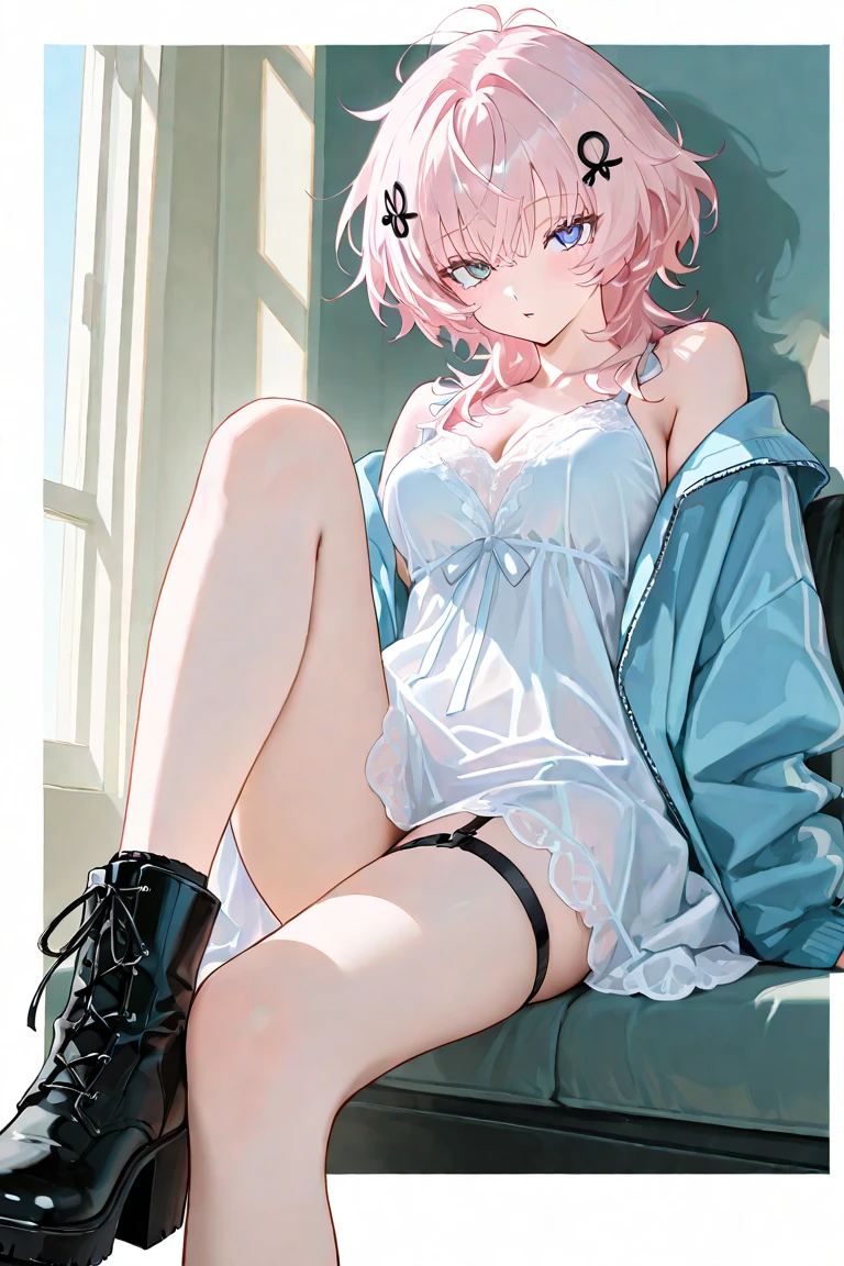 topaz eyes, parted lips, (small breast:1.5), dress, thighhighs, masterpiece, best quality, ultra-detailed, illustration,(1girl), beautiful detailed eyes, hair over one eye, sweaty body, seductive face, jewelry, floating hair, earrings, navel, long or short hair, necklace(Enrich the picture,Quality at the level of a masterpiece)Beautiful 8K computer graphics,Goddess Pose,Exercise on the knees,sitting, Thin & Soft,translucent skin,pink hair、Aesthetic look of very long and floating hair,The skin is light and juicy,JK Big Uniform,Perspective Part 1.2x improved silhouette effect,Exquisite transparent blues pajama pattern,The details are intricate and refined,The background is slightly blurred,Charming and lustful foot seduction,((undressing in front of an viewer, from below erotically , capturing the moment when her clothes are lowered and she caresses herself, caressing breast, parted lips )). bedroom, erotic and intimate atmosphere illustration, lens flare, shining, aureole mesmerizing eyes, luscious lips, shadowplay emphasizing beauty, artistic composition, bedroom alluring bedroom setting, dark and moody lighting, seductive ambiance, soft and sensual color tones, silky-textured fabric, detailed cloth draping best quality,4k,8k,highres,masterpiece:1.2),ultra-detailed,(realistic,photo-realistic:1.37) vibrant color , bright white tone, illustration,(perfect hand,perfect fingers), glowify