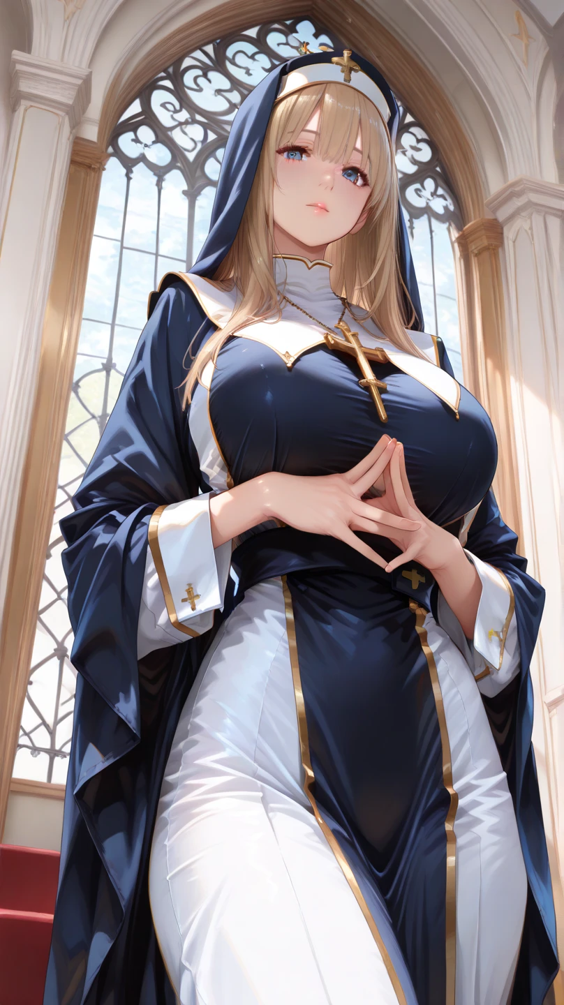 a picture of a steampunk (1)nun in a church, wearing sexy nun dress, (dynamic colors: 1.2), wearing pantyhose, (best detailed face:1.3), (ultra feminine: 1.3), dynamic hair, long hair, wavy hair, blue eyes, intent eyes, RAW, award winning, (best detailed: 1.5), masterpiece, best quality, (best detailed: 1.3), upper body, ultra wide shot, smirk, sultry look, seductive,