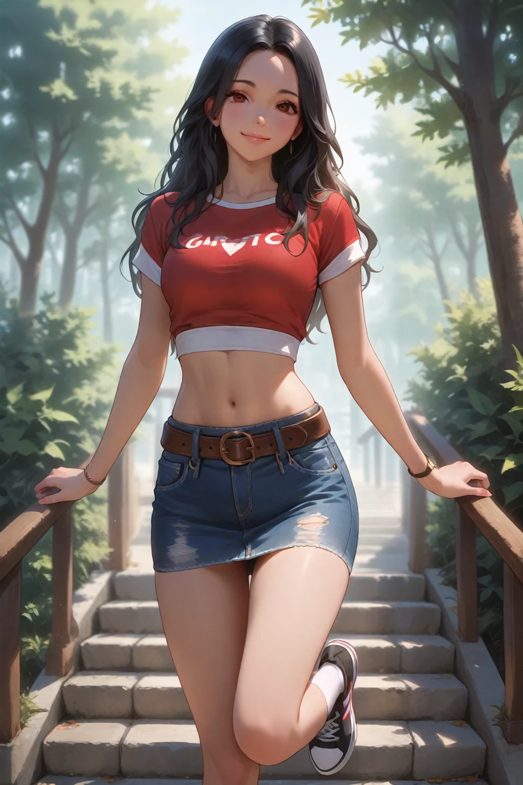masterpiece, maximum quality, ultra high resolution, 8k, Daniela Melchior, full body, very thin, very detailed face, face totally identical to film, detailed eyes, cheerful smile, smooth and soft pellet, wearing a micro short and micro t-shirt, realistic photo