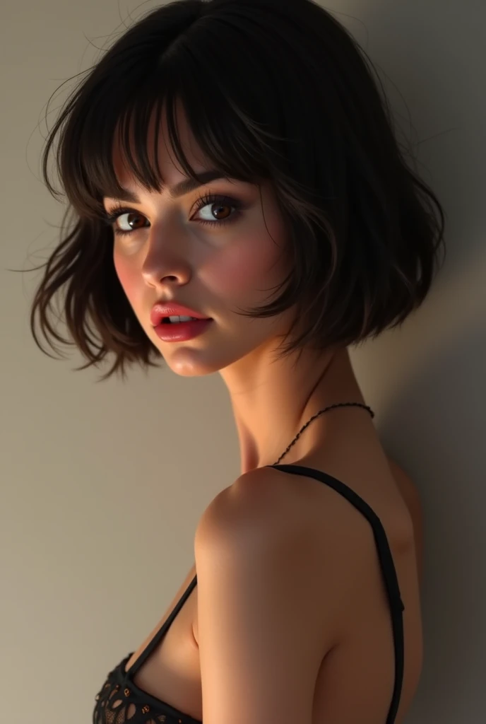 Create a woman with short hair and highlights, hot and naked