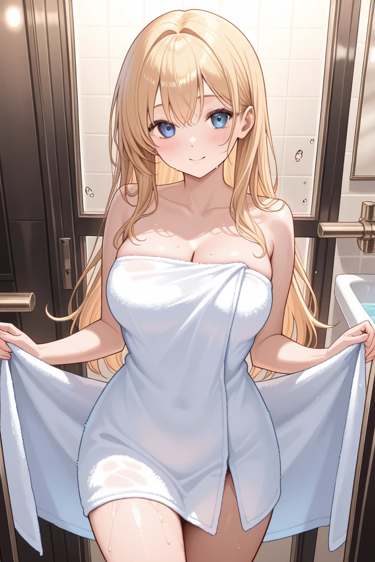 1 woman,bronde hair,blue eye,wavy medium hair,forehead,wet hair,gigantic breasts,blush,smile,parted lips,naked towel,standing,from left in front,bathroom,