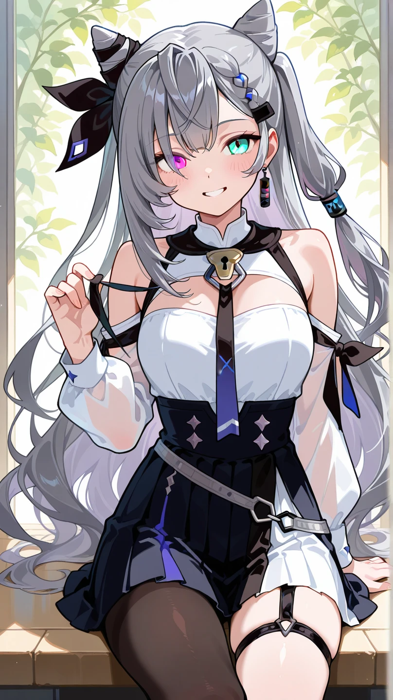 masterpiece, best quality, anime, 8k cg, Unbeatable masterpiece, intricately details, blurry, Delicate pattern, Perfect artwork, Beautiful face, Pure face, Pale skin, ((perfect women figure)), absurdres, looking at viewer, solo, (full bodyesbian), bronya zaychik \(heart of the night\), red pupils, bronya zaychik, 1girl, solo, gloves, black gloves, looking over eyewear, tinted eyewear, long hair, grey eyes, purple-tinted eyewear, breasts, looking at viewer, sunglasses, grey hair, official alternate costume, large breasts, bangs, adjusting eyewear, dress, hair ornament, earrings, jewelry, glasses, drill hair, short sleeves, round eyewear, black dress, twin drills, half gloves, see-through