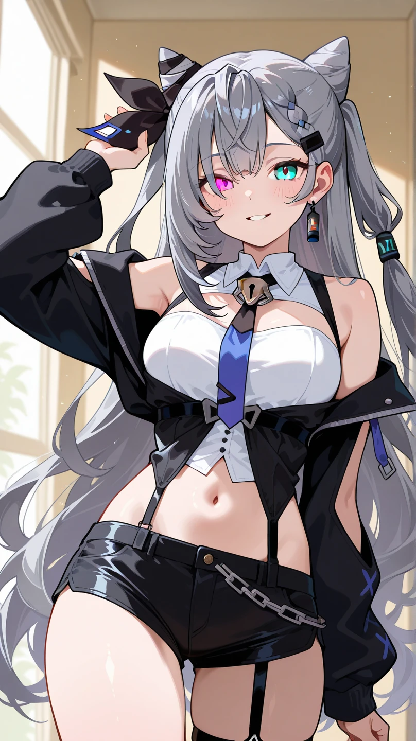 heterochromia, collarbone, 16years old Silver hair kneehighs cowboy shot lace bra miniskirt