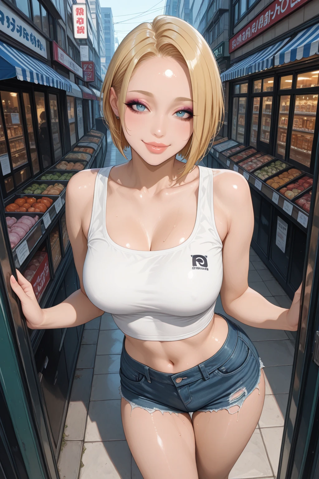 (become familiar with, masterpiece, highest quality, Complex),
cowboy shot, Kyoka Tachibana,
((big breasts)),
1 girl, alone, At a convenience store,
cute eyes, beautiful face, perfect round butt,
fit and body, perverted woman,
(Convenience store uniform with bold light blue stripes),
white shorts、
Early 30s, alone, white skin,
blue eyes, ((beautiful mature woman)),
enchanting smile, naughty face, Sweat, vapor, blush, Excited, (spoken heart),
Are standing, Best Sexual Poses,
(At a convenience store), Near the Ocean shore, (window, Ocean, null, cloud, Day), summer, indoor, perspective, bright lighting, Shelves with lots of products, white wall,