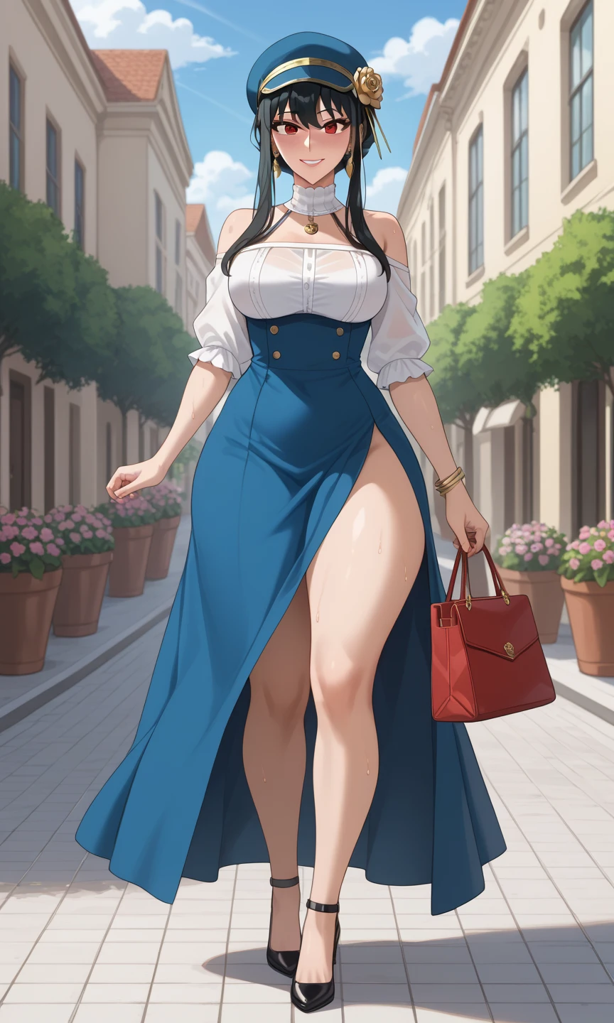 An extremely beautiful stunning busty woman, with gold blonde long silky hair, big blue eyes, extremely super bright snow white fair stunning flawless glowing lush shiny flawless white skin, a perfect tight hourglass figure, and a skinny waist, sexy thick smooth luscious legs and thighs, extremely cute smile on the face, bright pink blushes on cheeks, wearing a long soft full-sleeve body covering white floral garment with a blue sash, light brown off-shoulder sweater, yellow heels, gold necklace on the neck, gold anklets on feet, gold chain on the waist, standing straight, holding a pink hanging purse, street in the background, show full body from head to feet.