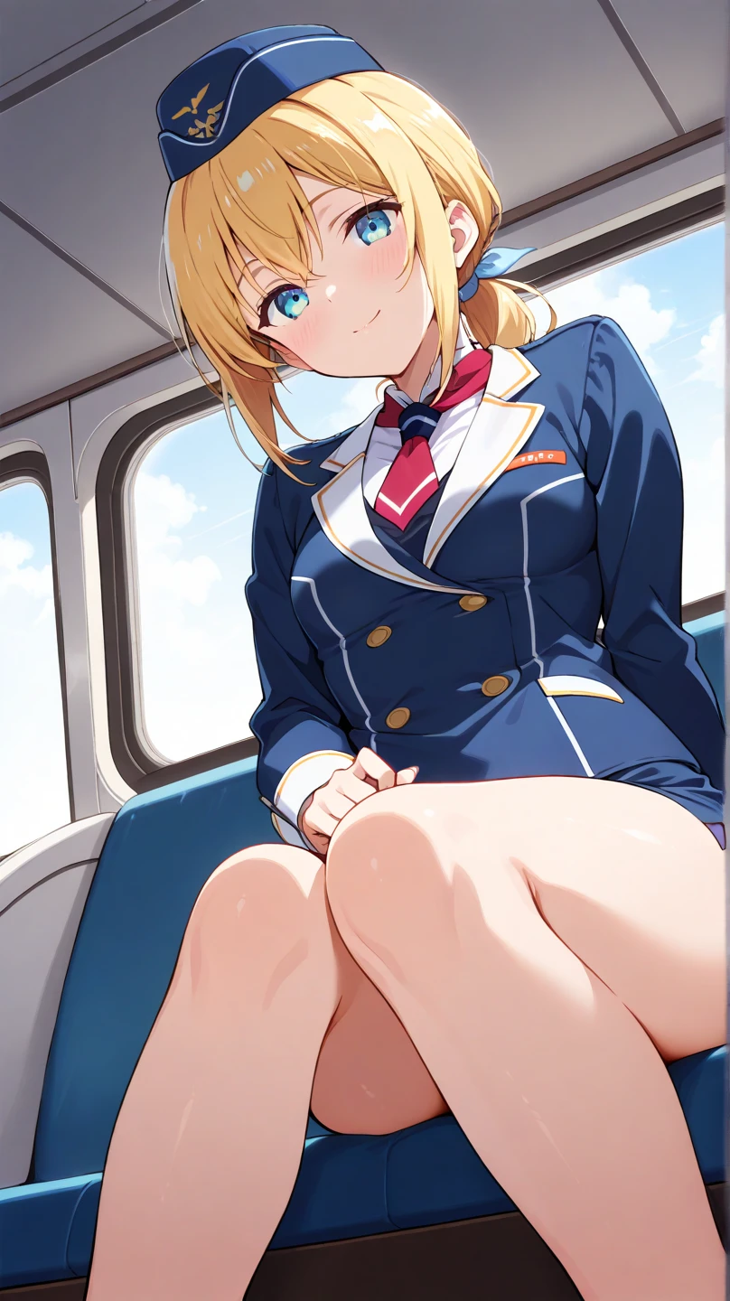 score_9, score_8_up, score_7_up, source_anime, Expressiveh, 1female、stewardess、spread her legs、showing panties、white panties、cabin attendant uniform、tailored jacket、Plain navy blue mini skirt、Golden wavy hair、high heels、dark makeup、Airplane cockpit