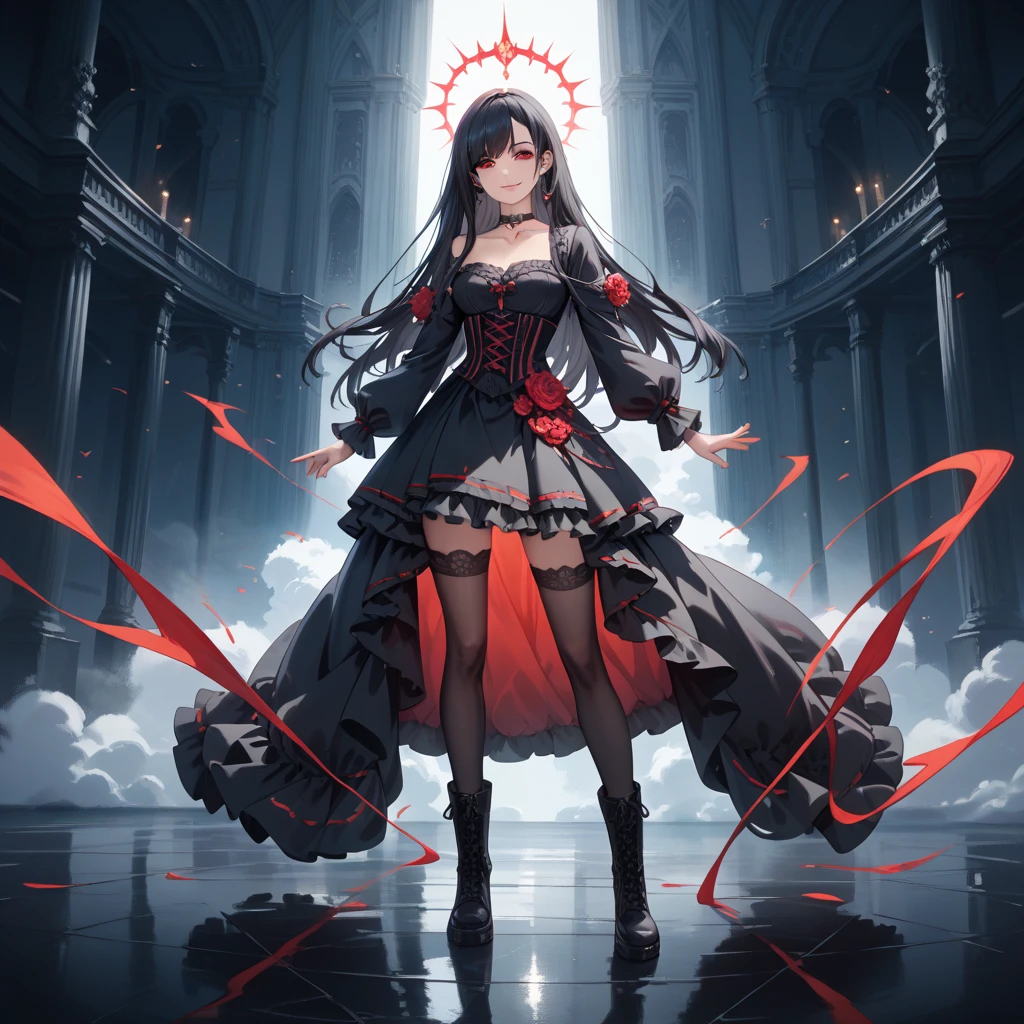 [(church background:1.4)::5],Original,(Illustration:1.1),(Best Quality),(masutepiece:1.1),(the Extremely Detailed CG Unity 8K Wallpapers:1.1), (Colorful:0.9),(mid-shot:0.95),(Full body:1.5),Dynamic Angle,(Solo:1.2), (girl),((Adult)), (Detailed beautiful eyes:1.15), (Beautiful face:1.15), (Glowing red eyes:1.25////),((dark blue long hair)),(Blunt bangs),(low twintails),(+perfect hand+:1.21),(Draw an illustration of a gothic girl),(Religious),(slender),(she has boots on her feet),((Wearing a black dress)),(Furious), Lace Off Shoulder Lolita Fashion,Beautiful slender woman,((Evil smile)),Dark blue short hair,Dark blue short hair,Laugh,