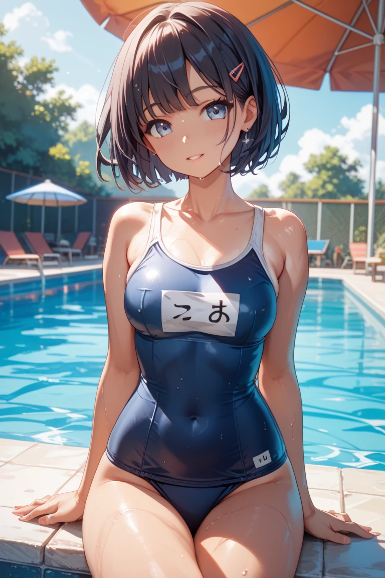 (masterpiece:1.2, highest quality), (Realistic, photoRealistic:1.4), Beautiful illustrations, (Natural Side Lighting, Cinema Lighting),
Looking at the audience, Upper Body, (Front view), 1 girl, Japanese, high school girl, Perfect Face, Symmetrical cute face, Shiny skin, Baby Face,
(short hair:1.5, Pixie Cut:1.4), Tie your bangs back, Red eyes, Long eyelashes, (huge Breasts),
Beautiful Hair, Beautiful Face, Fine and beautiful eyes, Beautiful clavicle, Beautiful body, Beautiful breasts, Beautiful thighs, Beautiful legs, Beautiful fingers,
(School Swimsuit), wet body,
(Beautiful views), night Pool, (Cute Smile, Upper Eye), nsfw,
