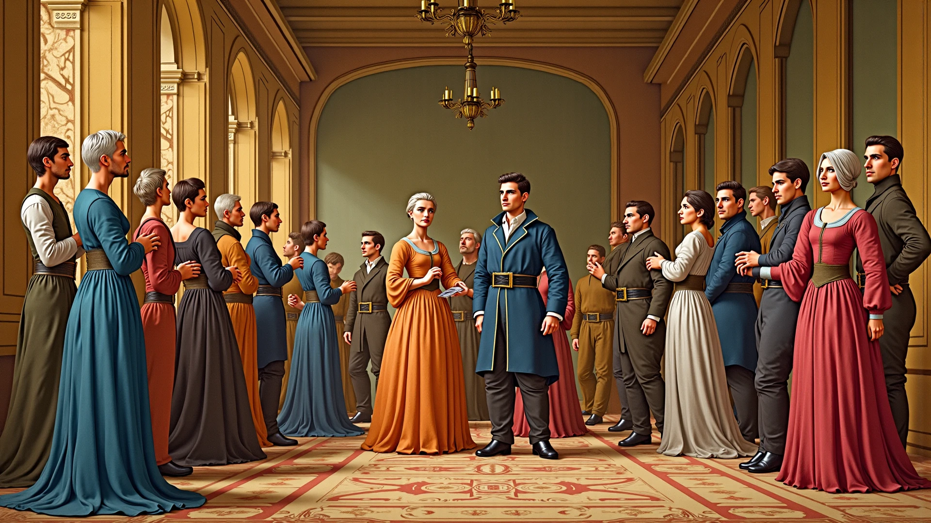 High resolution, highest quality, illustrations, super detail, a group of people of different styles standing in the synagogue, having some kind of meeting,
